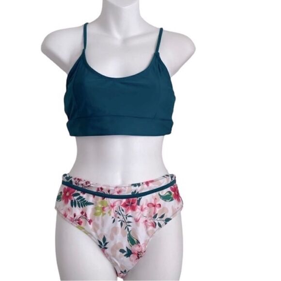 Beachsissi Floral Printed Bikini Set Top Bottom Small Pink Green - Picture 1 of 15